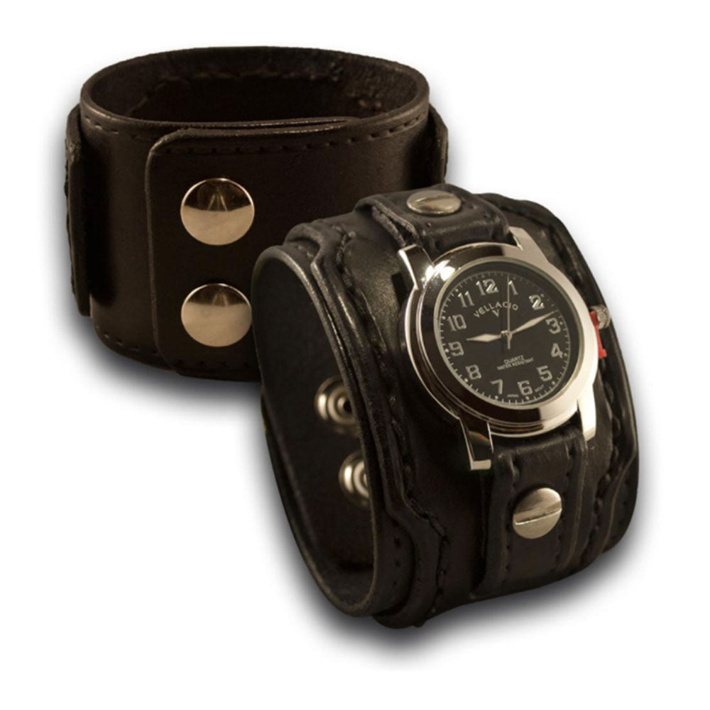 Black Drake Leather Cuff Watch with Stainless Snaps-Leather Cuff Watches-Rockstar Leatherworks™