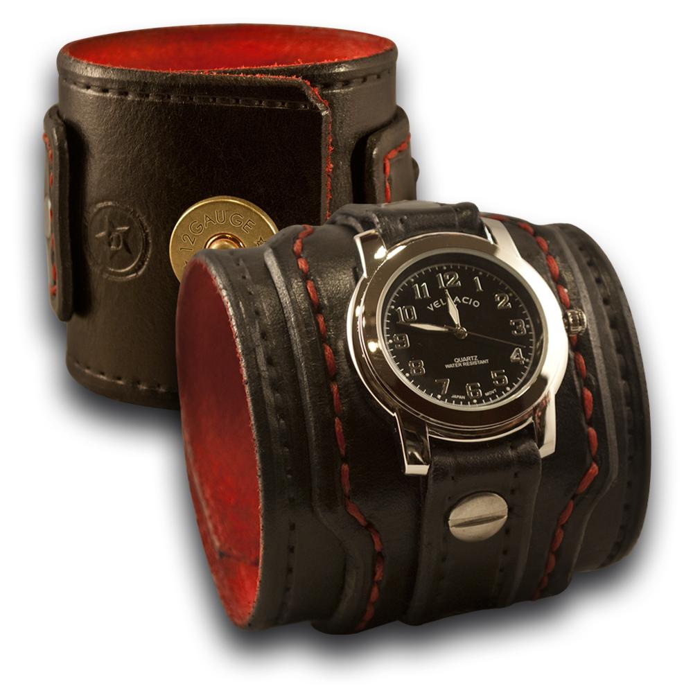 Black & Red Drake Leather Cuff Watch Layered & Stitched w/ Snap-Leather Cuff Watches-Rockstar Leatherworks™