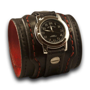 Black & Red Drake Leather Cuff Watch Layered & Stitched w/ Snap-Leather Cuff Watches-Rockstar Leatherworks™