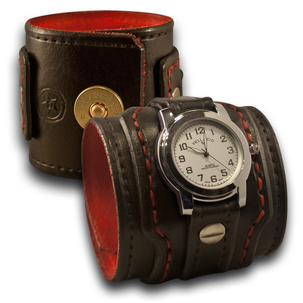 Black & Red Drake Leather Cuff Watch Layered & Stitched w/ Snap-Leather Cuff Watches-Rockstar Leatherworks™