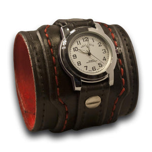 Black & Red Drake Leather Cuff Watch Layered & Stitched w/ Snap-Leather Cuff Watches-Rockstar Leatherworks™