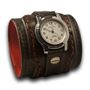 Black & Red Wide Layered Leather Cuff Watch with Snap-Leather Cuff Watches-Rockstar Leatherworks™