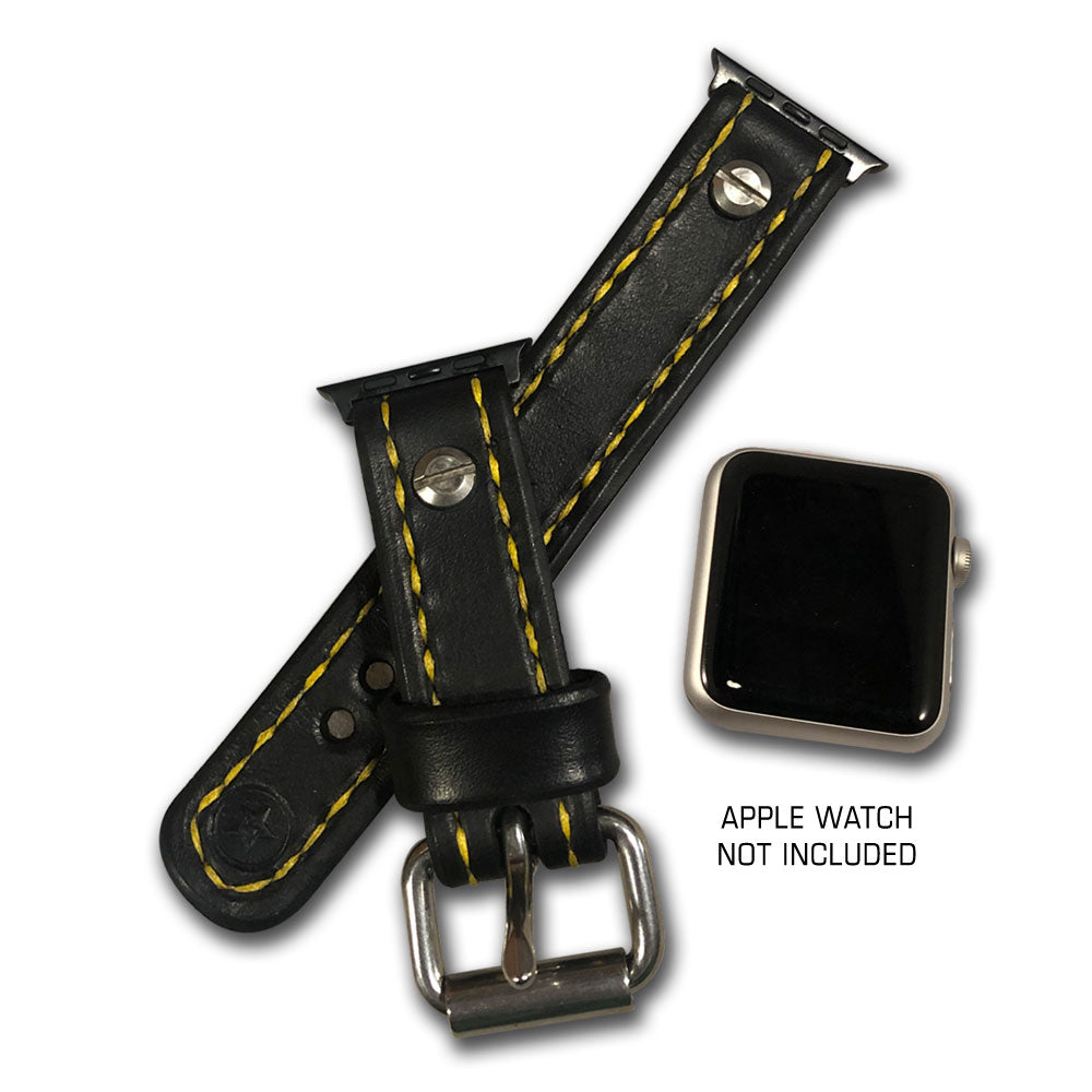 Black Leather Apple iWatch Straps with Yellow Stitching-Custom Handmade Leather Watch Bands-Rockstar Leatherworks™