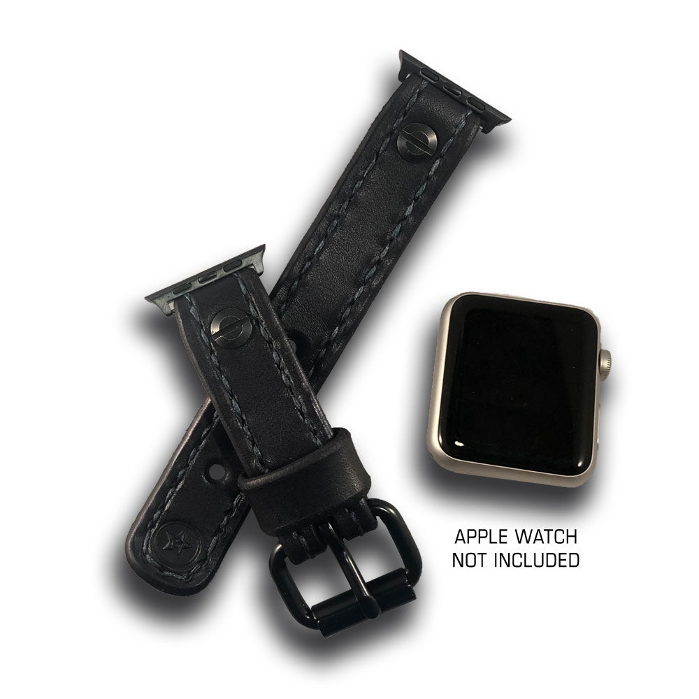 Black Leather Apple iWatch Straps with Dark Green Stitching-Custom Handmade Leather Watch Bands-Rockstar Leatherworks™