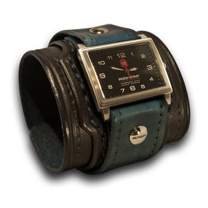 Black & Blue Layered Wide Leather Cuff Watch-Leather Cuff Watches-Rockstar Leatherworks™