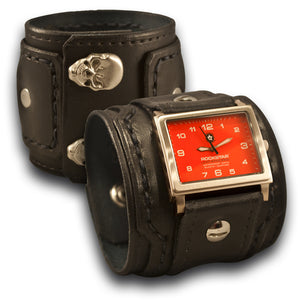 Black Layered Wide Leather Cuff Watch with Skull Snaps-Leather Cuff Watches-Rockstar Leatherworks™