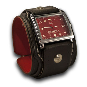 Black Layered Leather Cuff Watch with White Stitching-Leather Cuff Watches-Rockstar Leatherworks™