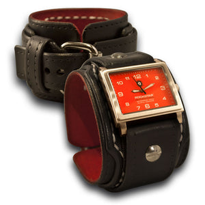 Black Rockstar Layered Leather Cuff Watch White Stitching-Leather Cuff Watches-Rockstar Leatherworks™