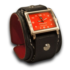 Black Rockstar Drake Layered Leather Cuff Watch White Stitching-Leather Cuff Watches-Rockstar Leatherworks™