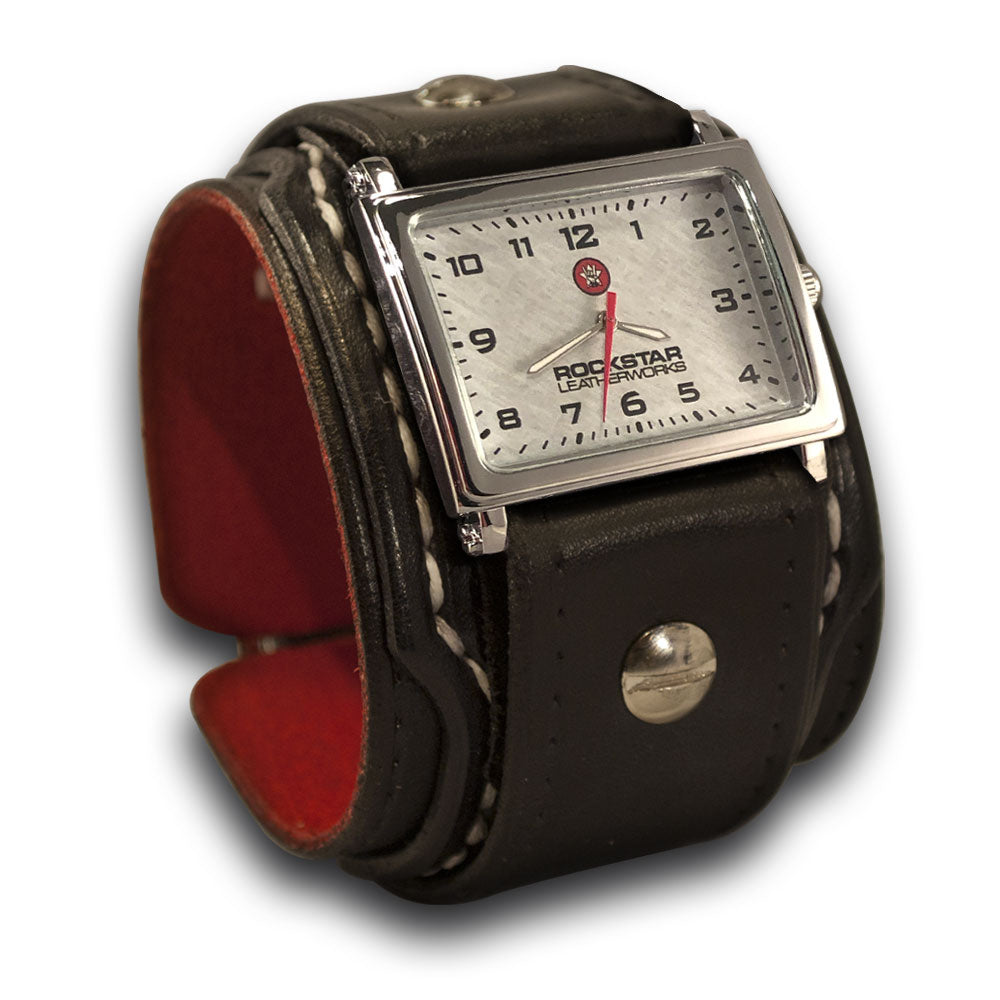 Black Layered Leather Cuff Watch with White Stitching-Leather Cuff Watches-Rockstar Leatherworks™