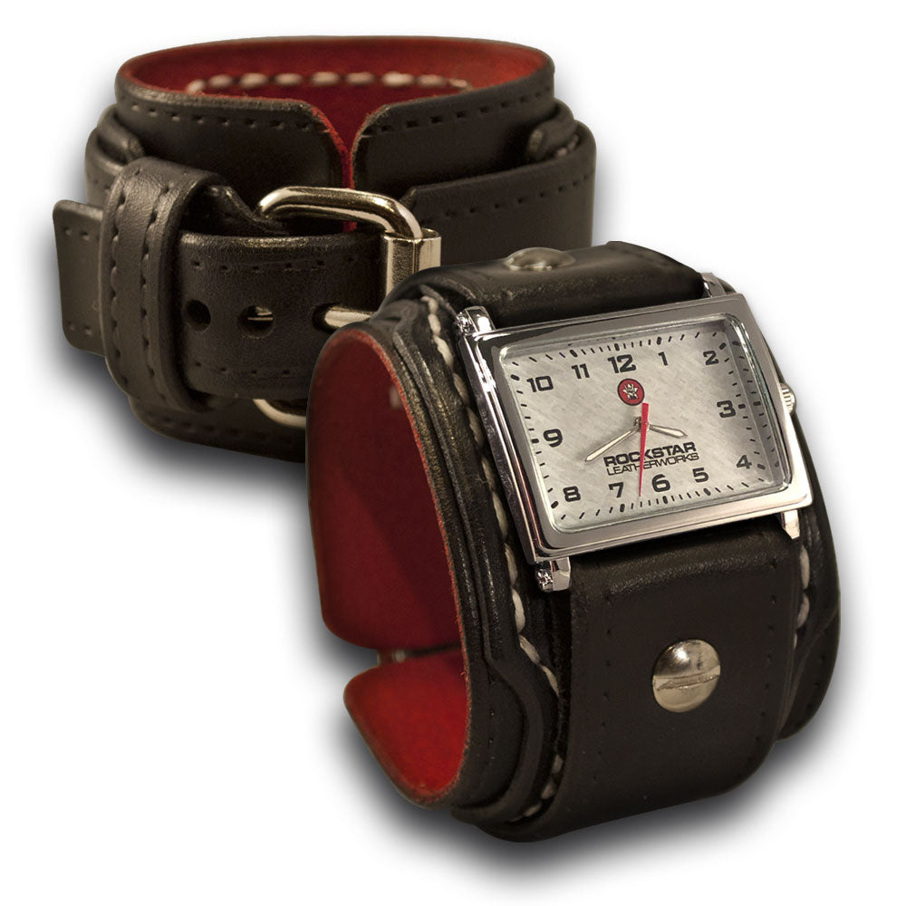 Black Layered Leather Cuff Watch with White Stitching-Leather Cuff Watches-Rockstar Leatherworks™