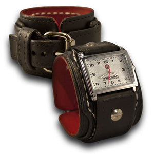 Black Drake Layered Leather Cuff Watch with White Stitching-Leather Cuff Watches-Rockstar Leatherworks™