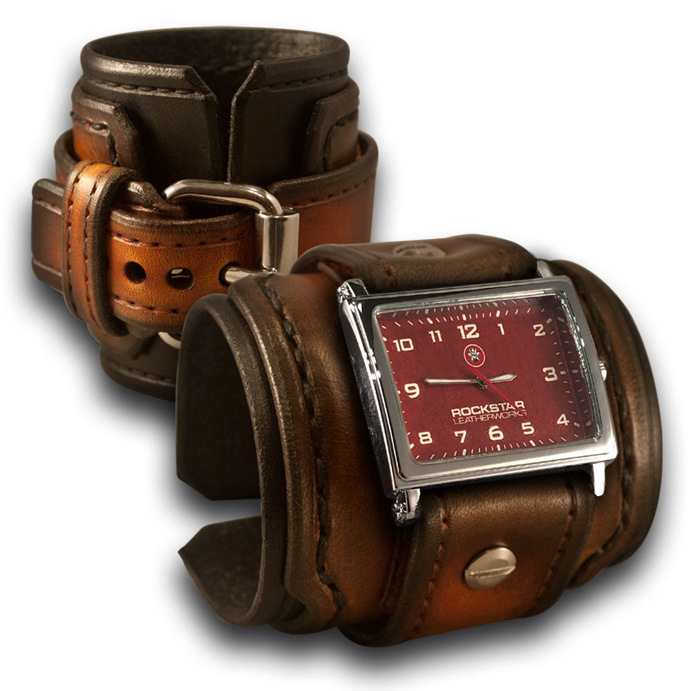 Black Tan Stressed Layered Wide Leather Cuff Watch Rockstar Leatherworks