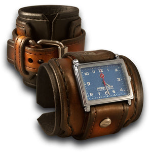 Black & Tan Stressed Drake Leather Cuff Watch with Stitching-Leather Cuff Watches-Rockstar Leatherworks™