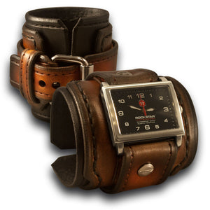 Black & Tan Stressed Drake Leather Cuff Watch with Stitching-Leather Cuff Watches-Rockstar Leatherworks™