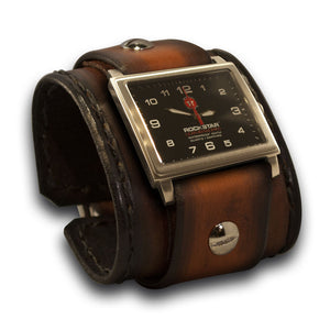 Brown & Tan Stressed Leather Cuff Watch with Stitching-Leather Cuff Watches-Rockstar Leatherworks™