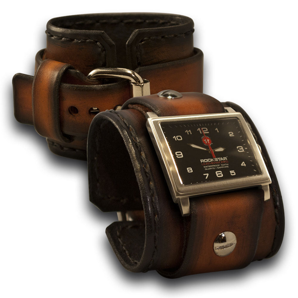 Brown & Tan Stressed Leather Cuff Watch with Stitching-Leather Cuff Watches-Rockstar Leatherworks™