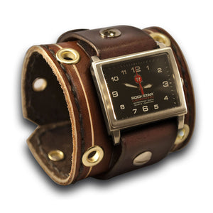 Brown Leather Cuff Watch with Stitching, Brass Eyelets & Etching-Leather Cuff Watches-Rockstar Leatherworks™