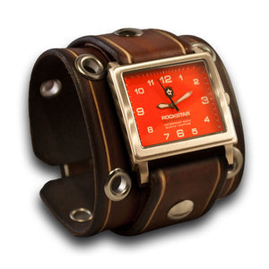 Brown Stressed Leather Cuff Watch w/ Stainless Eyelets & Etching-Leather Cuff Watches-Rockstar Leatherworks™