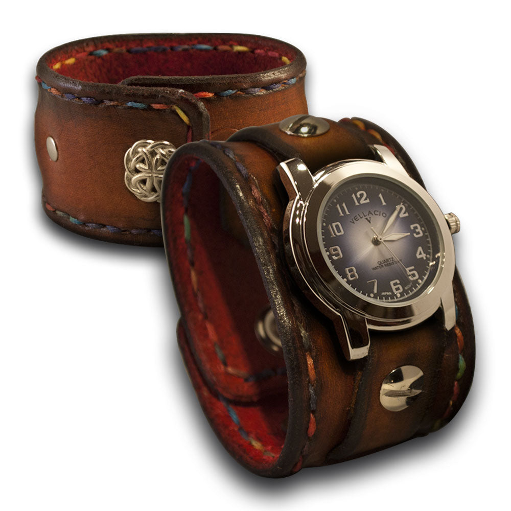 Brown Leather Cuff Watch w/ Celtic Snap & Multi-Color Stitching-Leather Cuff Watches-Rockstar Leatherworks™