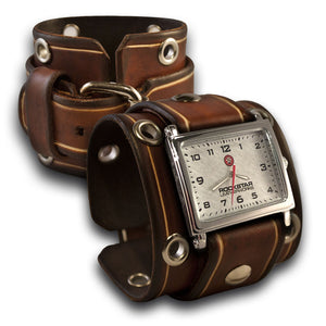 Brown Stressed Leather Cuff Watch with Red Watch Face-Leather Cuff Watches-Rockstar Leatherworks™