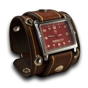 Brown Stressed Leather Cuff Watch with Red Watch Face-Leather Cuff Watches-Rockstar Leatherworks™