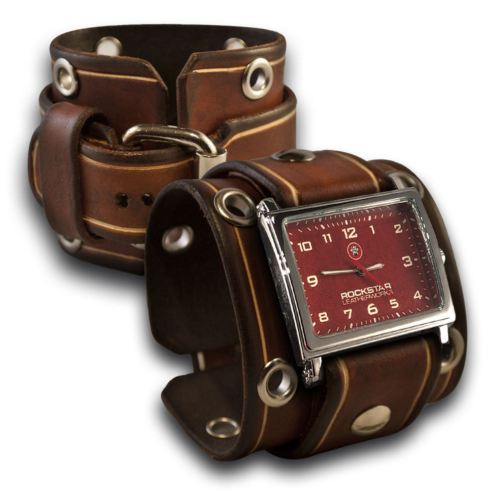 Brown Stressed Leather Cuff Watch with Red Watch Face-Leather Cuff Watches-Rockstar Leatherworks™