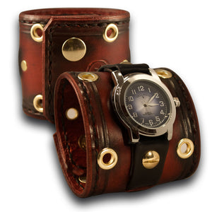 Crimson Stressed Cuff Watch with Stitching, Eyelets & Snaps-Leather Cuff Watches-Rockstar Leatherworks™