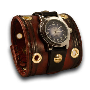 Crimson Stressed Cuff Watch with Stitching, Eyelets & Snaps-Leather Cuff Watches-Rockstar Leatherworks™