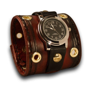Crimson Stressed Cuff Watch with Stitching, Eyelets & Snaps-Leather Cuff Watches-Rockstar Leatherworks™
