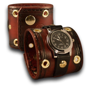 Crimson Stressed Cuff Watch with Stitching, Eyelets & Snaps-Leather Cuff Watches-Rockstar Leatherworks™