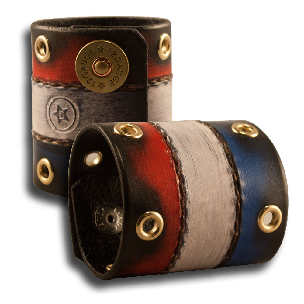 Red, White & Blue Leather Cuff w/ Shotgun Shell Snaps & Eyelets-Leather Cuffs & Wristbands-Rockstar Leatherworks™