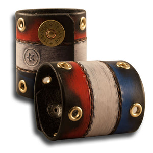 Red, White & Blue Leather Cuff w/ Shotgun Shell Snaps & Eyelets-Leather Cuffs & Wristbands-Rockstar Leatherworks™