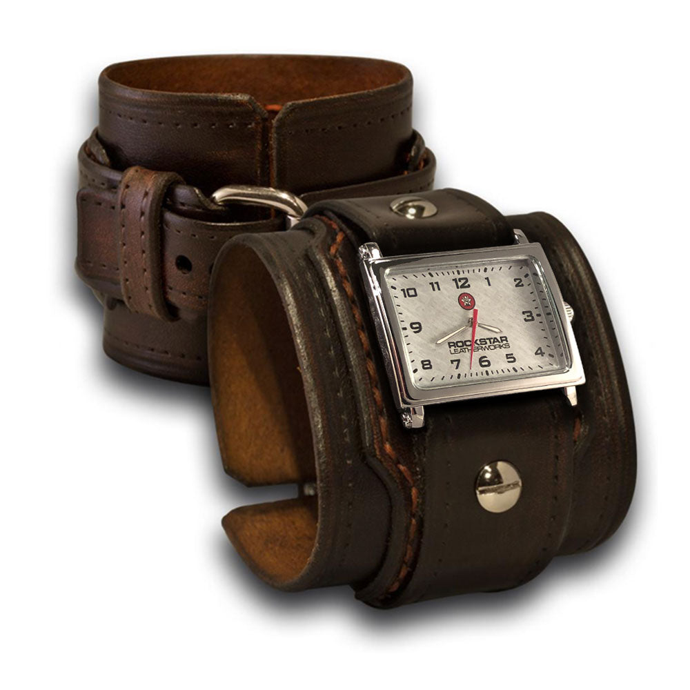 Dark Brown Wide Layered Leather Cuff Watch with Stitching-Leather Cuff Watches-Rockstar Leatherworks™