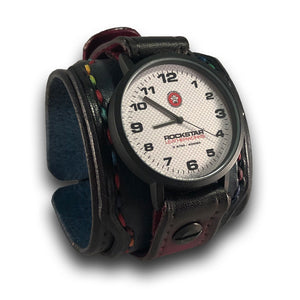 Black, Blue & Oxblood Layered Wide Leather Cuff Watch-Leather Cuff Watches-Rockstar Leatherworks™
