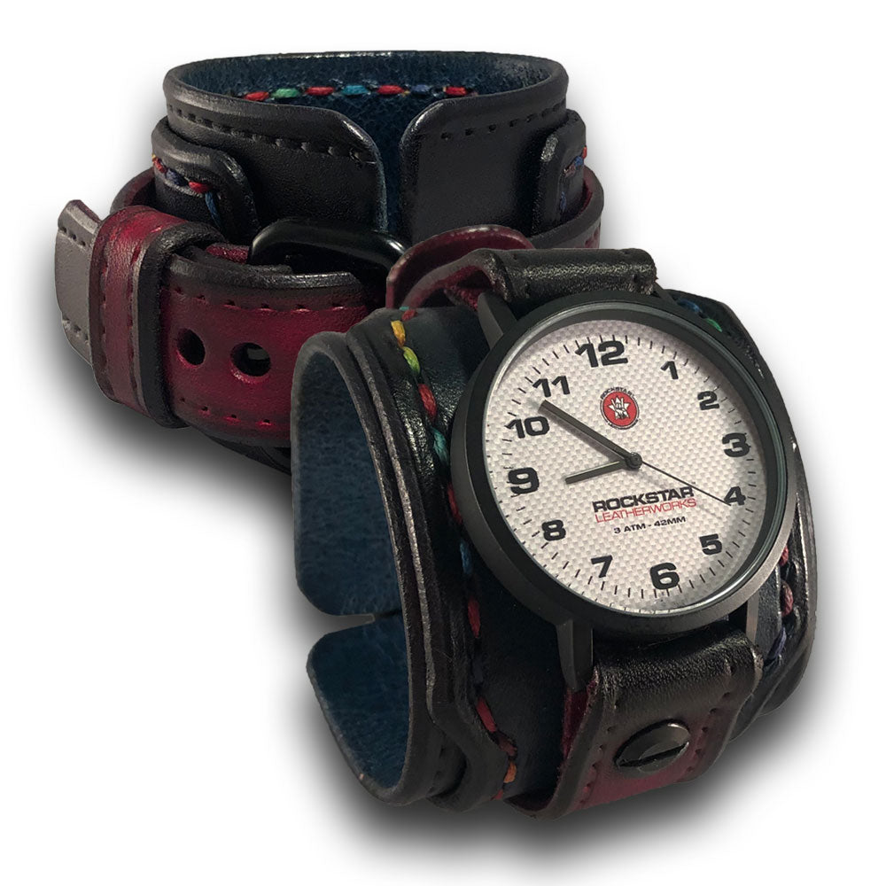 Black, Blue & Oxblood Layered Drake Leather Cuff Watch-Leather Cuff Watches-Rockstar Leatherworks™
