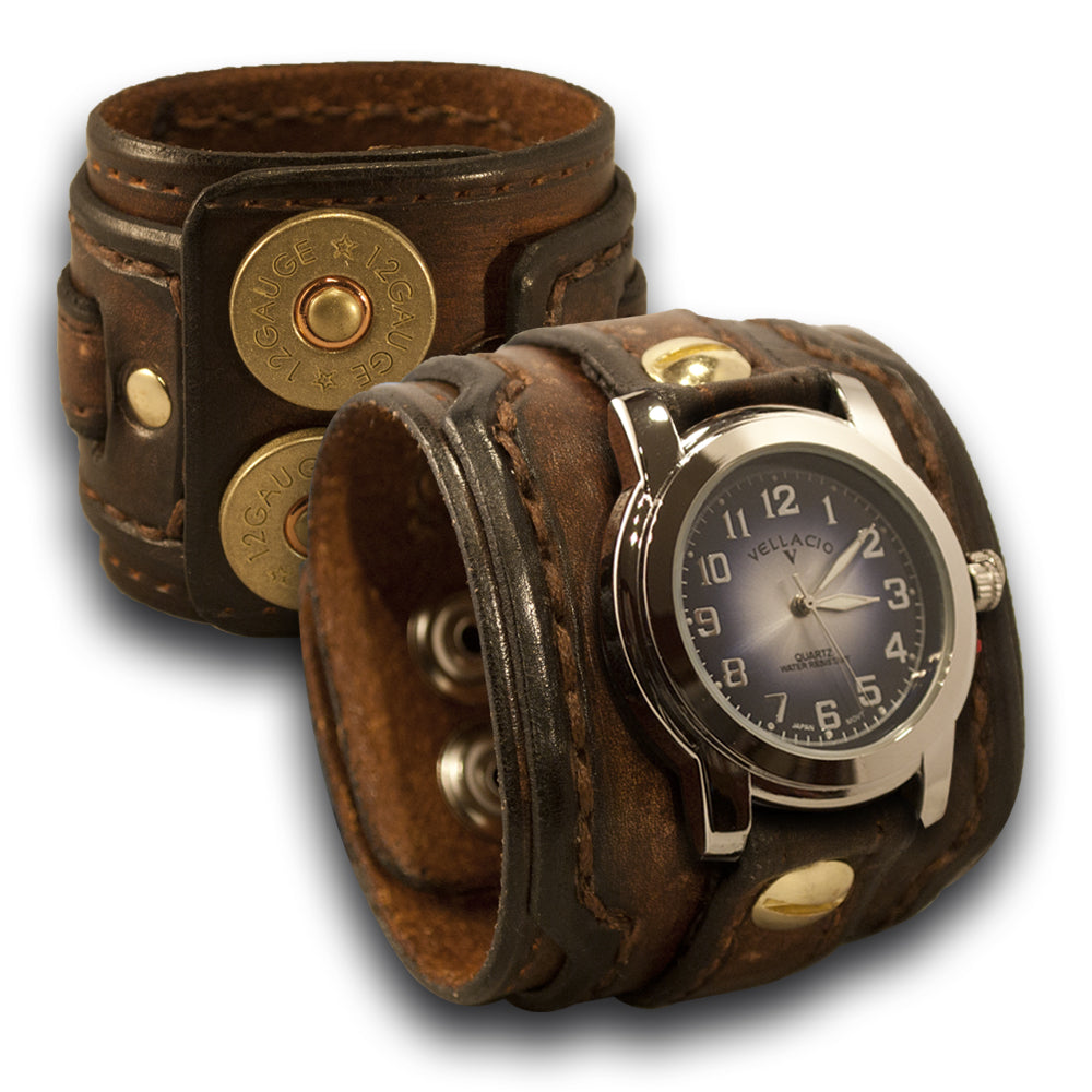 Brown Stressed Layered Leather Cuff Watch with Snaps-Leather Cuff Watches-Rockstar Leatherworks™
