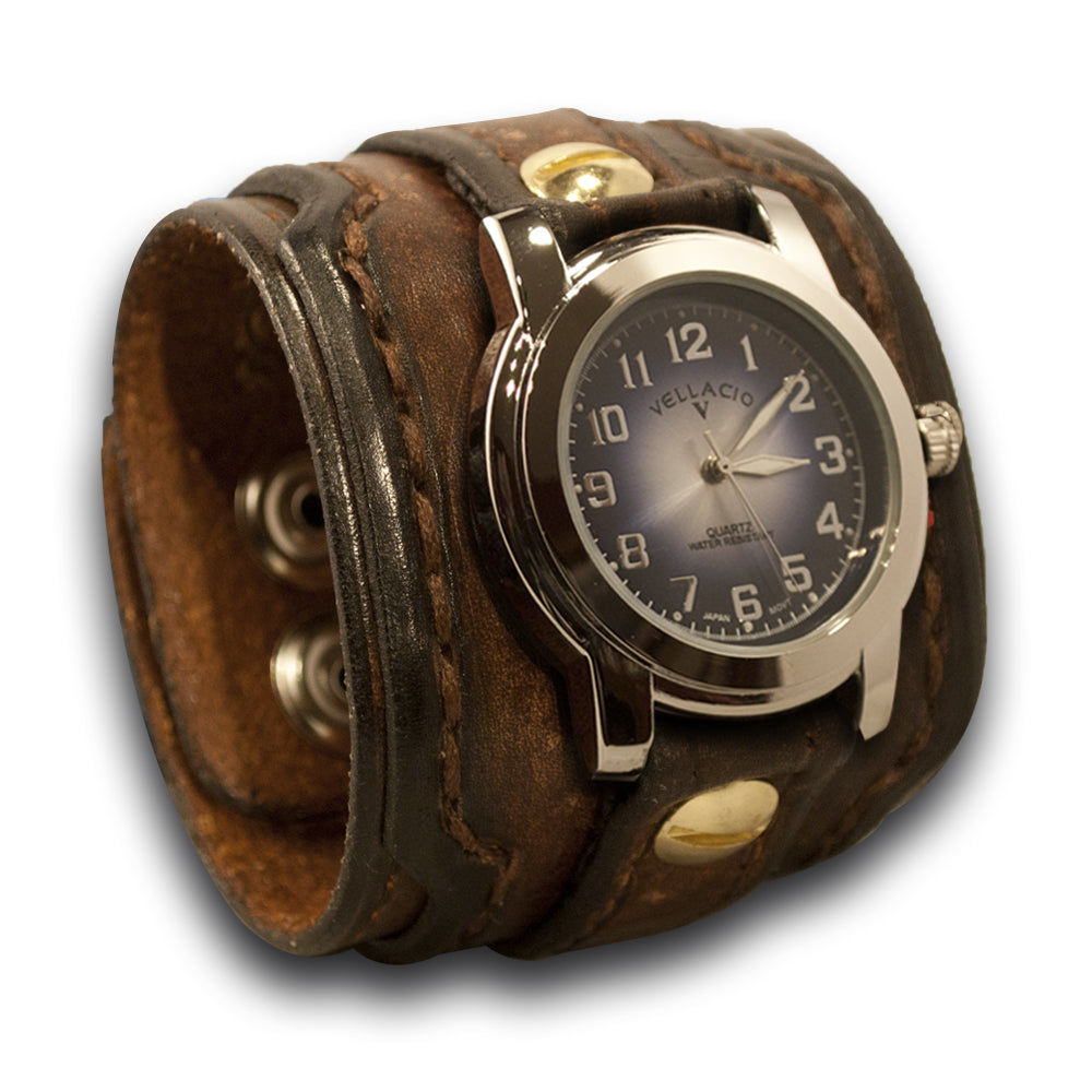 Brown Stressed Layered Leather Cuff Watch with Snaps-Leather Cuff Watches-Rockstar Leatherworks™