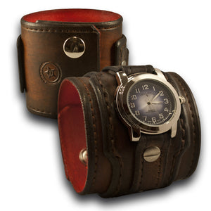 Brown Stressed Drake Leather Cuff Watch w/ Layered Cuff & Snaps-Leather Cuff Watches-Rockstar Leatherworks™