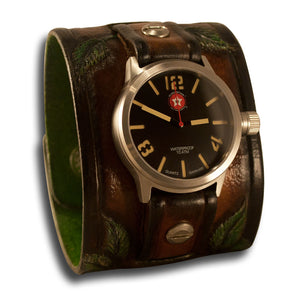 Brown Leather Cuff Watch Rose & Vines with Snaps & 42mm Watch-Leather Cuff Watches-Rockstar Leatherworks™