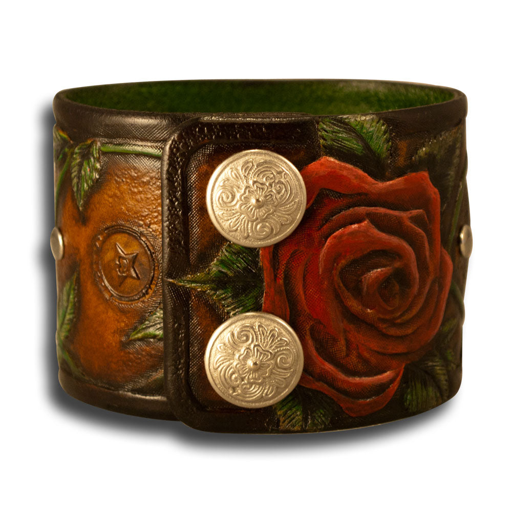 Brown Leather Cuff Watch Rose & Vines with Snaps & 42mm Watch-Leather Cuff Watches-Rockstar Leatherworks™