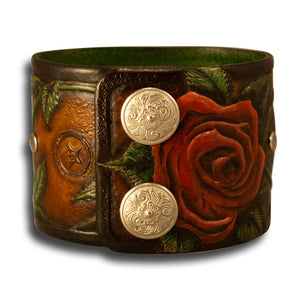 Brown Leather Cuff Watch Rose & Vines with Snaps & 42mm Watch-Leather Cuff Watches-Rockstar Leatherworks™