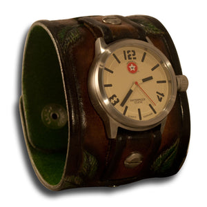 Brown Leather Cuff Watch Rose & Vines with Snaps & 42mm Watch-Leather Cuff Watches-Rockstar Leatherworks™