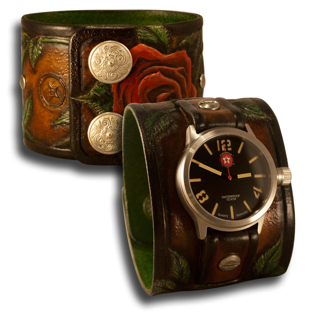 Brown Leather Cuff Watch Rose & Vines with Snaps & 42mm Watch-Leather Cuff Watches-Rockstar Leatherworks™