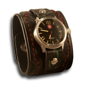 Black Drake Cuff Watch with Rose, Skull Snaps & 42mm Watch-Leather Cuff Watches-Rockstar Leatherworks™