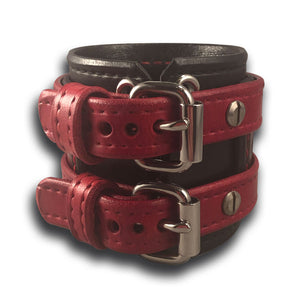 Black & Red Leather Double Strap Layered Wristband with Double Buckles-Leather Cuffs & Wristbands-Rockstar Leatherworks™