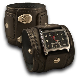 Black Layered Leather Cuff Watch with Skull Snaps-Leather Cuff Watches-Rockstar Leatherworks™