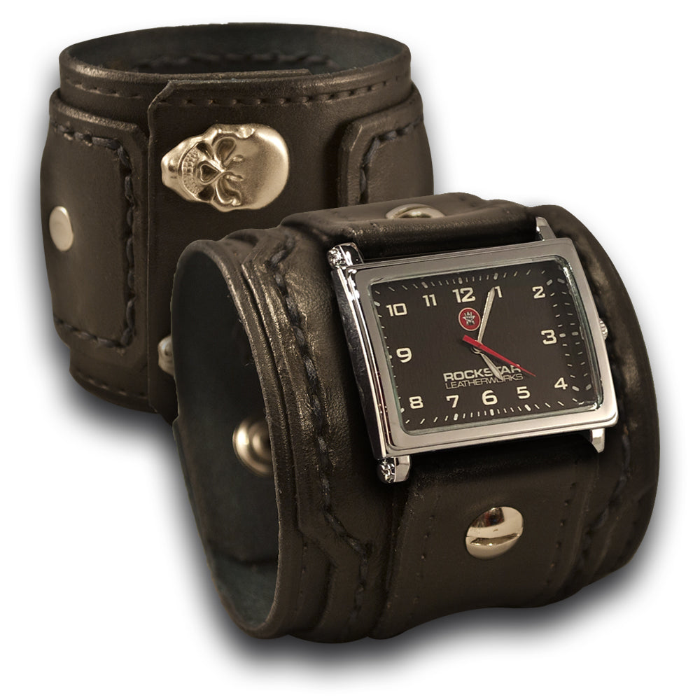 Black Layered Leather Cuff Watch with Skull Snaps Rockstar Leatherworks™