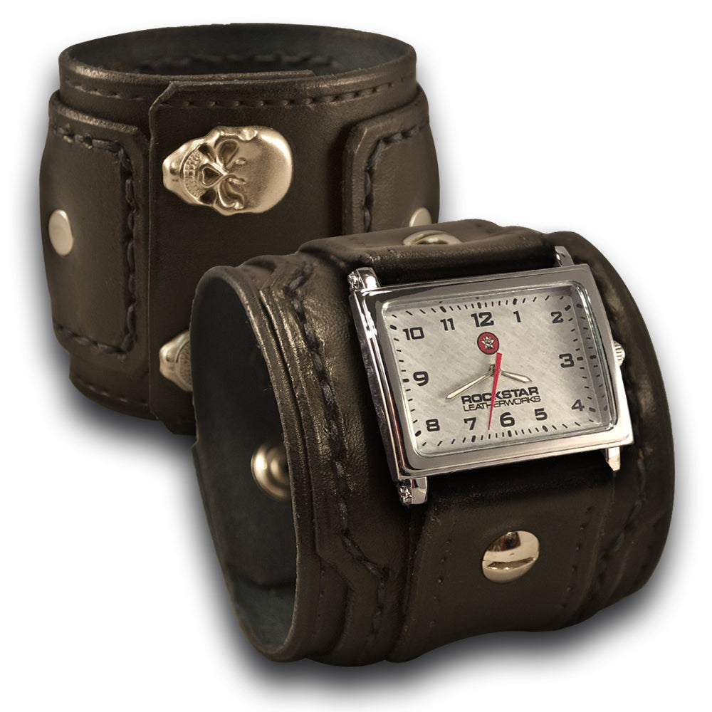 Black Layered Leather Cuff Watch with Skull Snaps - Rockstar