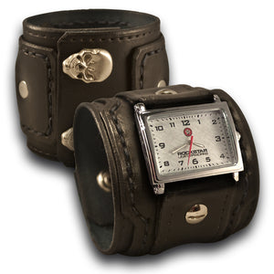 Black Layered Leather Cuff Watch with Skull Snaps-Leather Cuff Watches-Rockstar Leatherworks™